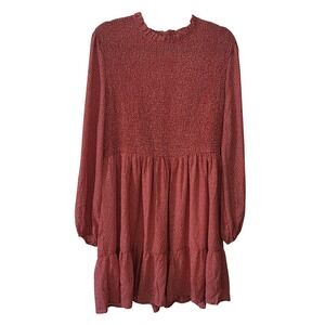 Andree by Unit Womens 1X Mini Dress Coral Red Smocked Tiered Ruffle P94245